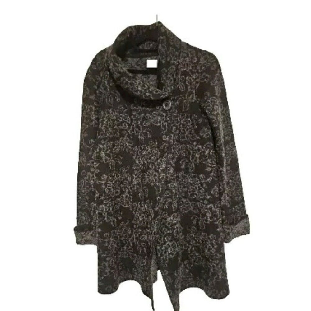Tahari Wool Blend Sweater Wrap Cardigan Women's LRG Black Floral Warm Comfy Cowl